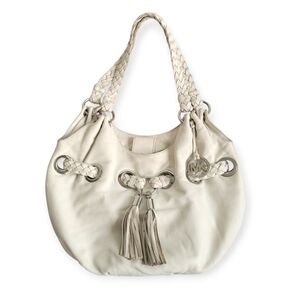 Michael Kors Camden Shoulder Hobo Bag Braided Straps Tassels Off-White